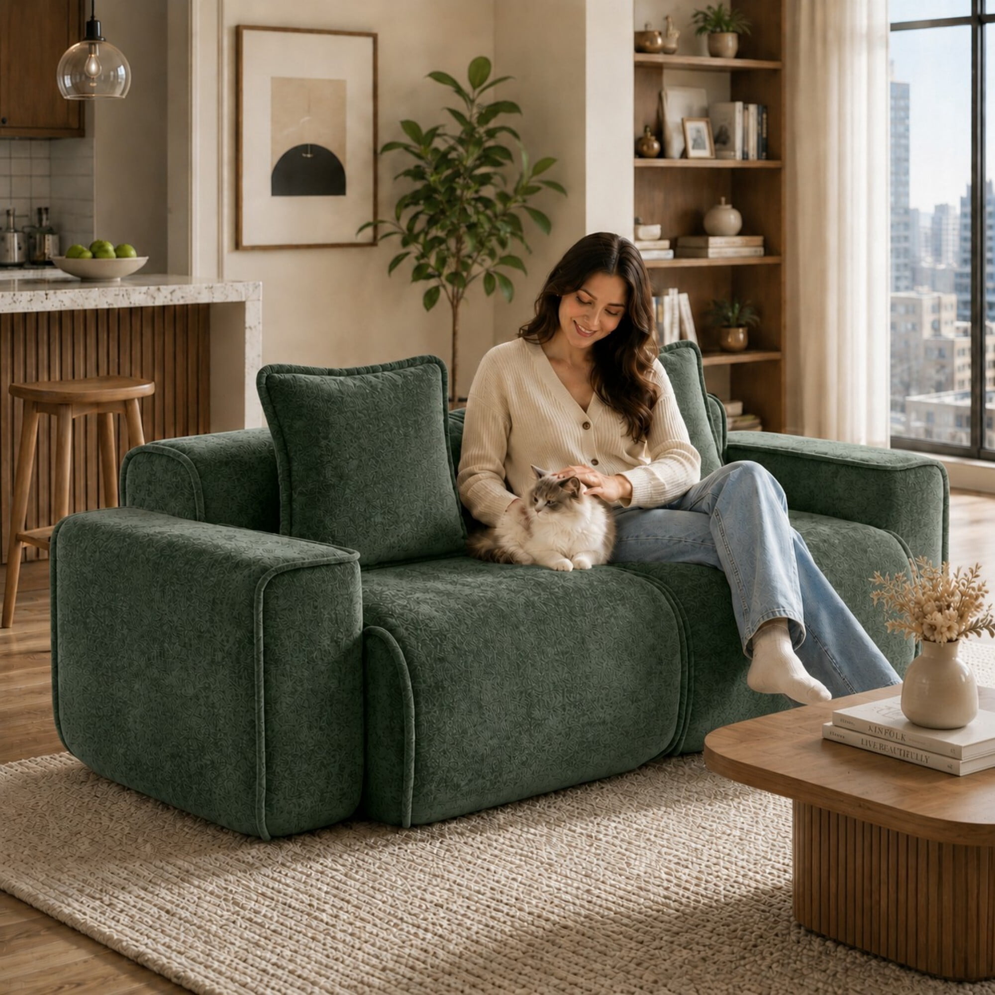 DEALTOPS 78.7" Modern 2-Seater Velvet Boneless Cloud Sofa Couch, Modular Loveseat with 2 Pillows, Sage Green