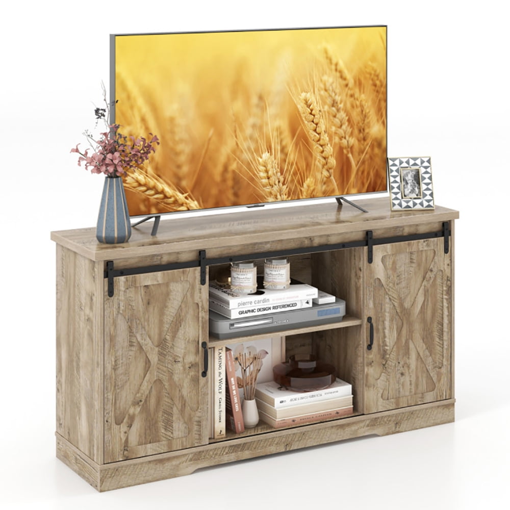 Finihen TV Stand, TV Cabinet, Farmhouse Entertainment Center with Adjustable Shelves and Storage Cabinet, Media Entertainment Center with Storage, for Living Room, Bedroom, Gray