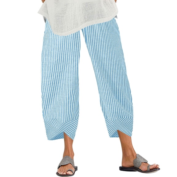 Capri Pants for Women,Women's Vintage Wide Leg Pants Striped Harem Pants Summer Elastic Waist Capris Casual Lightweight Baggy Cropped Pants