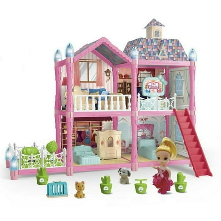 Cuopluber 2 Stories Dollhouse with Dog, Furniture and Accessories - 4 Rooms Play House Toy for Girls, 112Pcs Creative Doll House Christmas Toy Gift for Kids Ages 3 , Easy Assembly