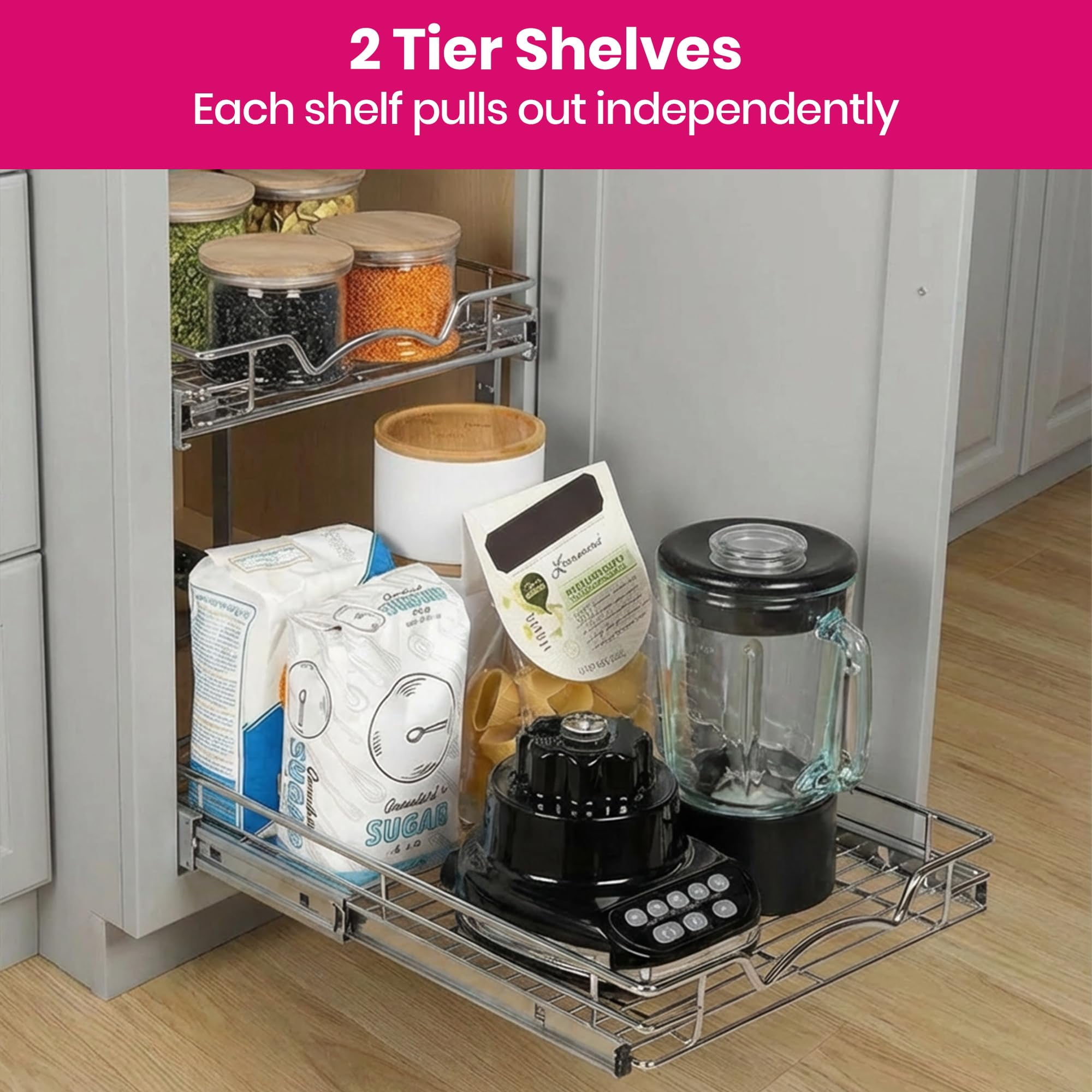 HOLDN' STORAGE 2-Tier Pull Out Cabinet Organizer Heavy Duty Steel Sliding Shelves for Kitchen Pantry and Under Sink Cabinets 8" W x 21" D x 16.5" H