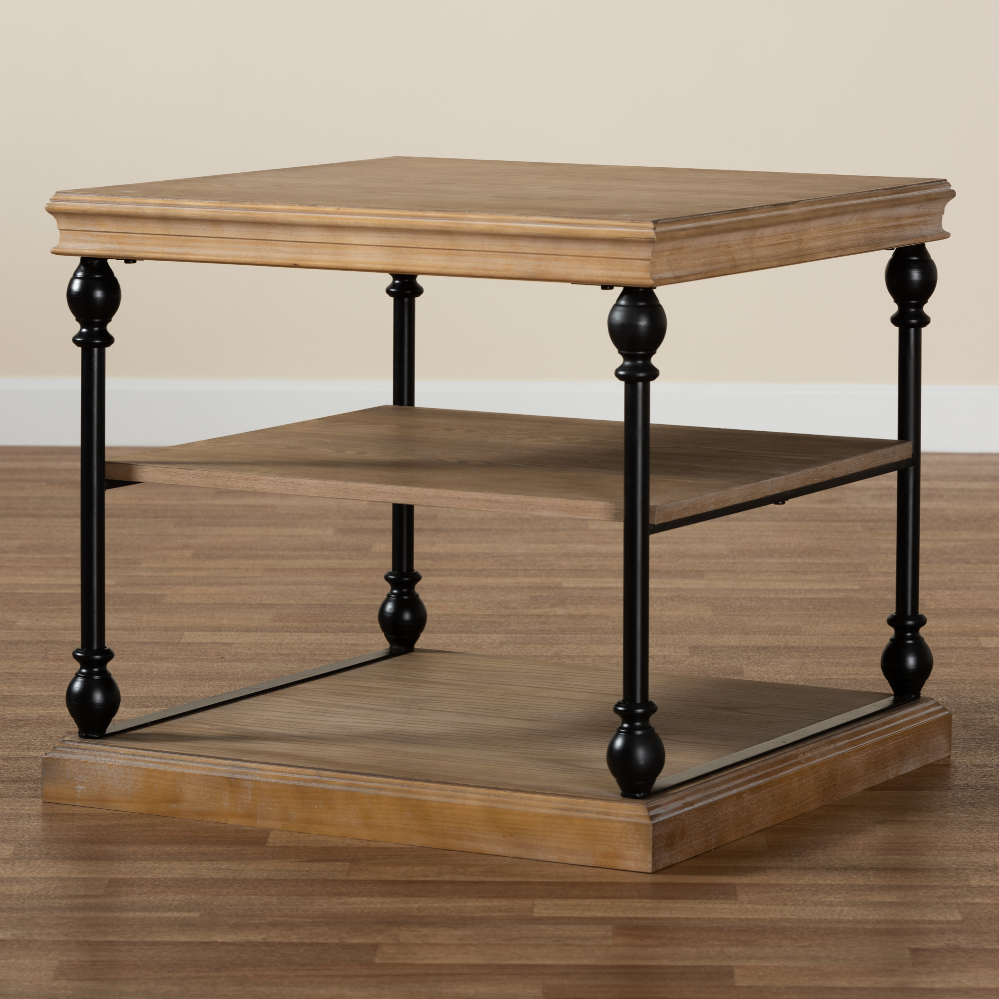 Baxton Studio Sebastian Traditional Industrial Greywashed Wood and Black Metal 3-Tier End Table