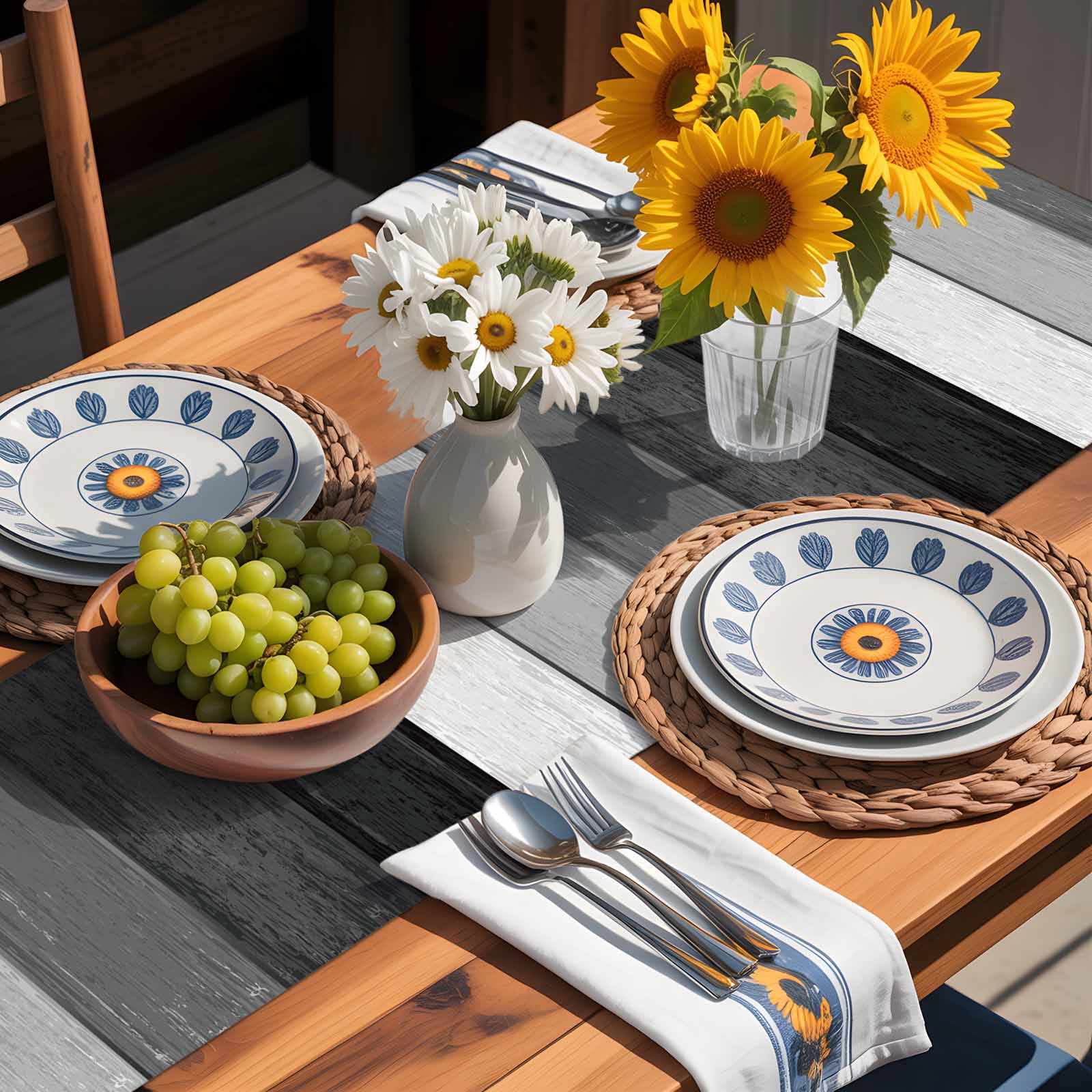 Farm Retro Wood Grain Black Gray Table Runner 90 Inches Long, Farmhouse Gradient Stripes Table Runners Tabletop Scarf Kitchen Dining Tables Decoration for Home Party Indoor Outdoor