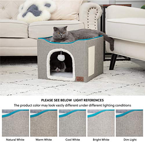 MAYWARD Cat Cube Foldable Cat House with Detachable Storage Box for Indoor Multifunctional Cat Bed Cave with Ball Hanging and Scratch Pad for All Seasons 