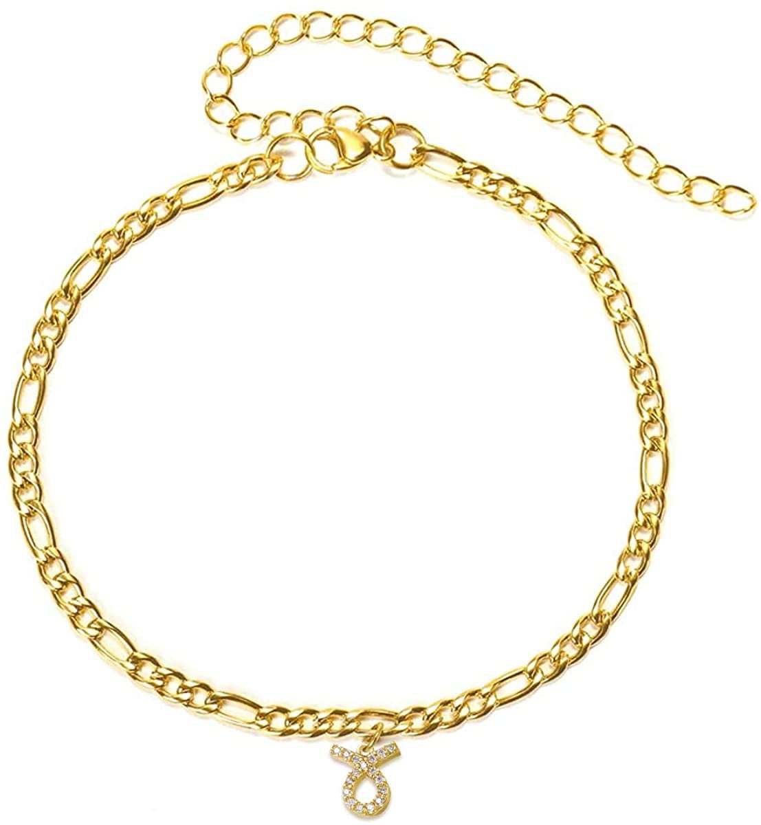 Stainless Steel Yellow Gold Plated 4mm Figaro Link Anklet, Zodiac,  Constellation, Horoscope Cubic Zirconia Ankle Bracelet Gold, Taurus