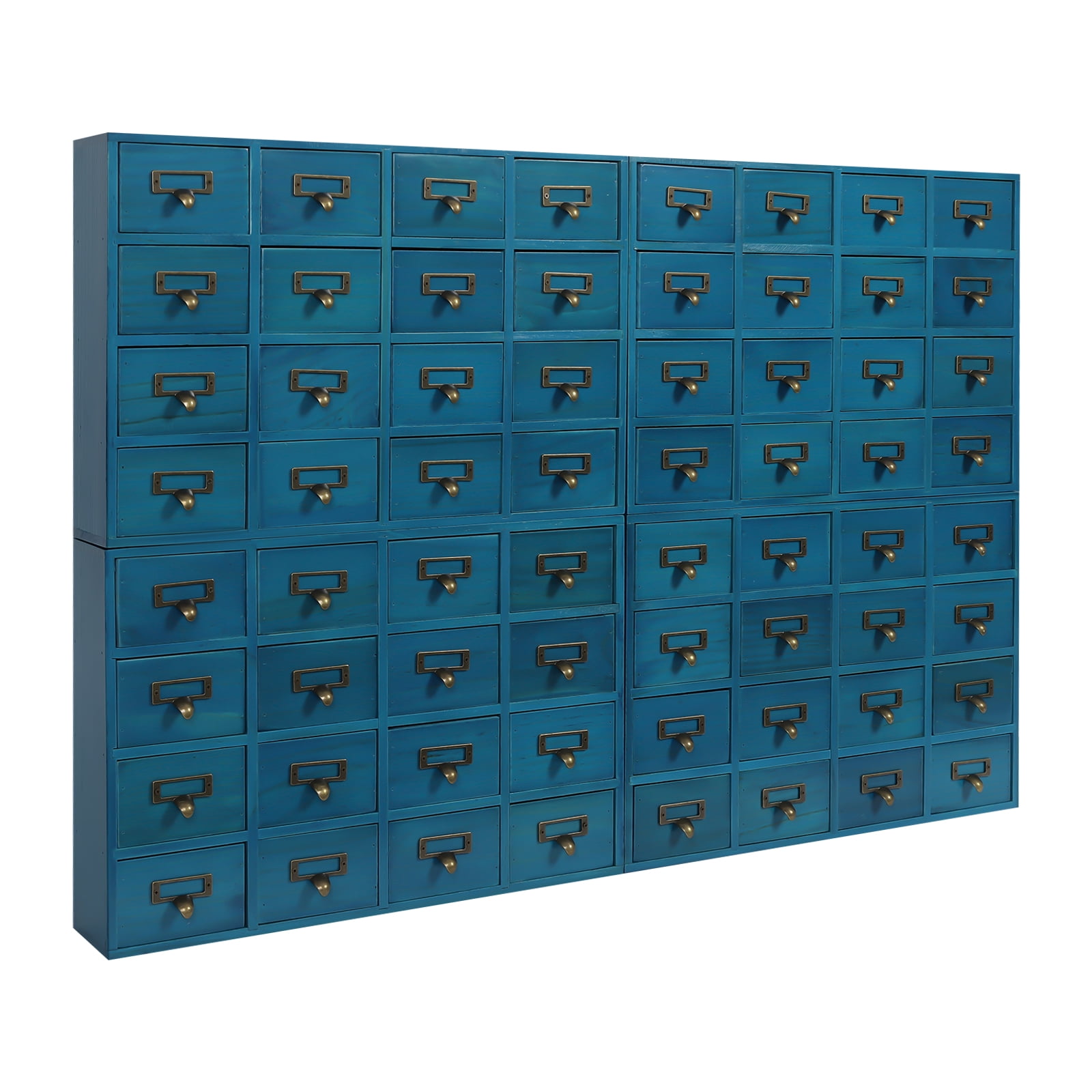 64 Drawers Drawers Storage Cabinet, Apothecary Cabinet with Labels Apothecary Desk Drawer Organizer Tea Coffee Pod Storage Tool Wooden Card Catalog Storage Box for Home, Office, Shop (Blue 4 PCS )