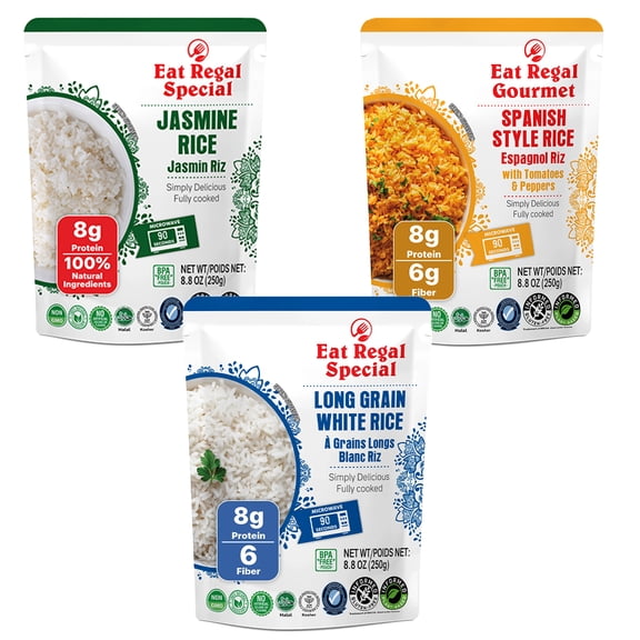Eat Regal Variety Pack, Ready to Eat, Gluten-Free, 2x Jasmine Rice, 2x Spanish Style, 2x Long Grain White, Microwave 1.5 Minutes, 8.8 oz, pack of 6