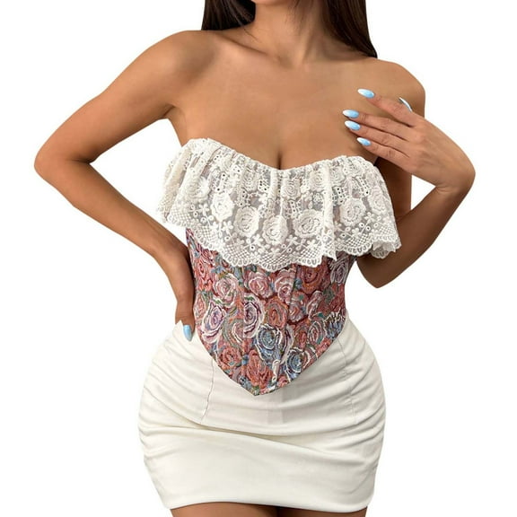 ZQUUVOU Women's Vintage Floral Strapless Corset Top Lace Ruffle Trim Sleeveless Tops Coquette Peplum Bustier Bandeau Tank Pink