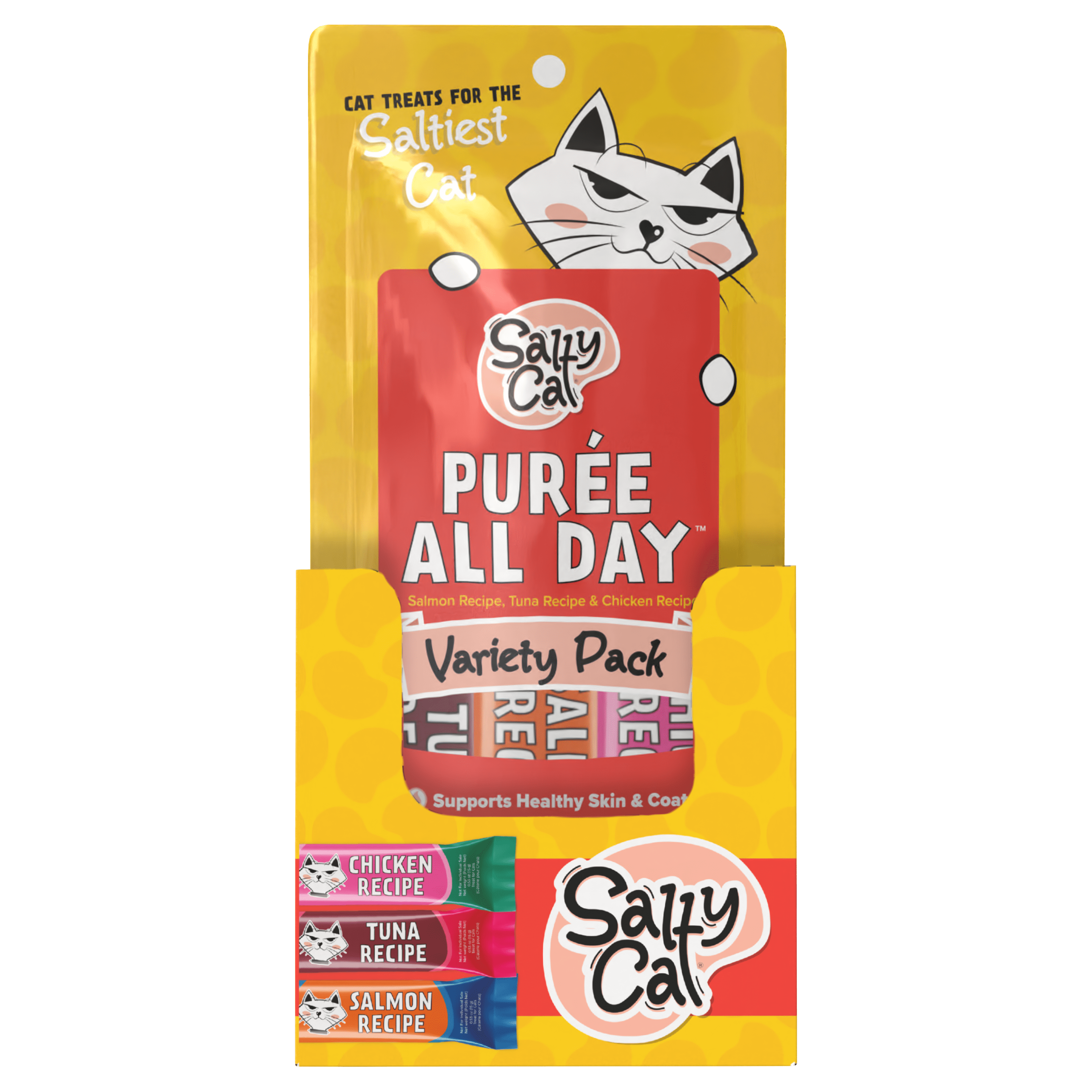 (12 pack) Salty Cat Purée All Day Everyday Tube Treat - Variety Pack - 3 Pack (pouch)