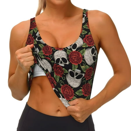 Qokaie Red Rose Skull Pattern Womens Scoop Neck Sports Bra Breathable Workout Vest Padded U Back Medium Impact Fitness Gym Yoga Bra Workout Crop Top