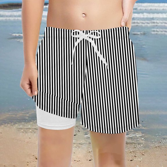 Boys Swim Trunks with Compression Liner Stretch Elastic Waist Casual Board Shorts Summer Swimming Clothing Black Size 11-12 Years