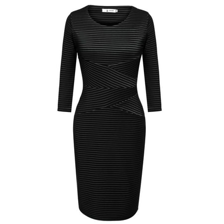 - Elecmallc Women High Waist Striped Dress Fashion 3/4 Sleeve Patchwork Dress Elec