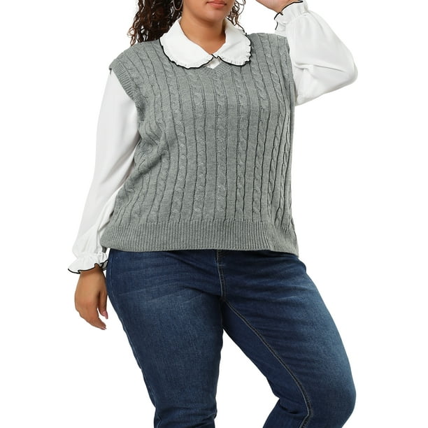Suéteres de talgrande pamujer Chaleco con cuello en V Cable Estilo de muy buen gusto Jersey sin mangas Suéter Chalecos gris 4X