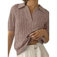thumbnail image 2 of Women'S Cable Short Sleeve Sweaters Tops Solid Lapel V Neck Knit Casual Soft Pullover Shirt Camel M, 2 of 6
