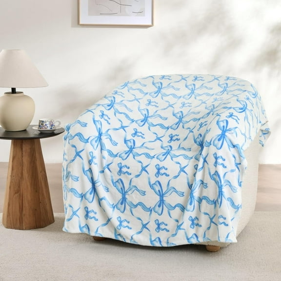Blue Bow Throw Blanket – 50x60 Inch Soft Fleece Blanket for Girls and Women, Coquette Aesthetic Room Decor for Bed, Couch, Chair, Preppy Bedroom or Gift, Cute Blue Bow Decor Blanket