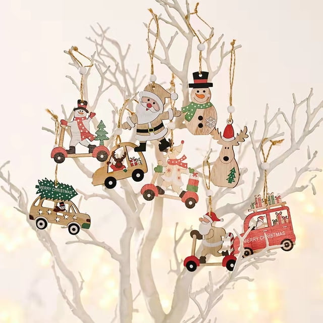 3 uds. Colgante navideño decorativo de madera, conjunto de colgante, árbol de coche de Papá Noel de dibujos animados BRILLAR Rojo Verde