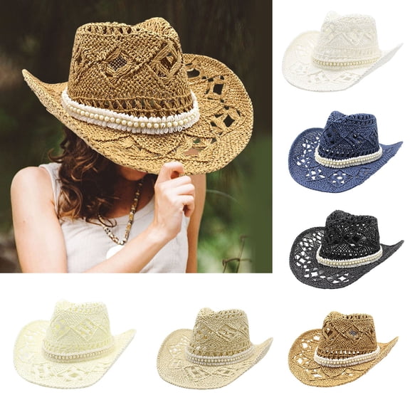sususu Straw Cowboy Hat, Western Cowgirl Hat, Wide Brim Sun Beach Hat for Women Light Yellow