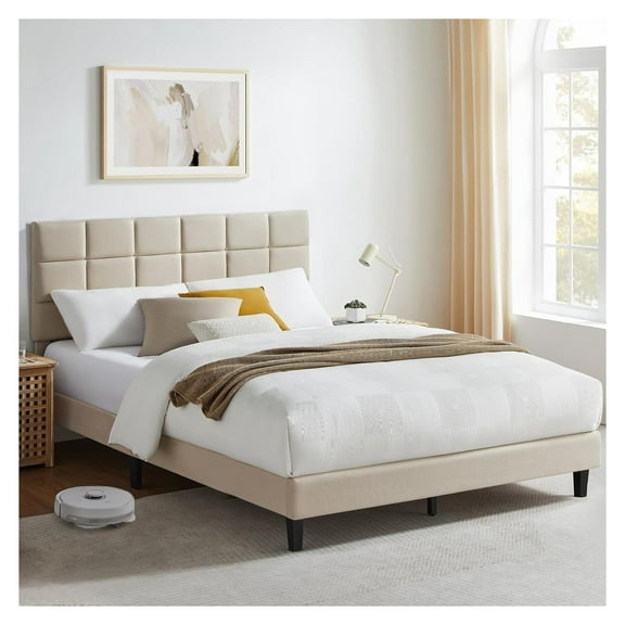 Queen Size Bed Frame with Upholstered Headboard, Linen Fabric and Wooden Slats Support, No-Noise, Easy to Assemble, No Box Spring Needed with 1000LBS, Beige