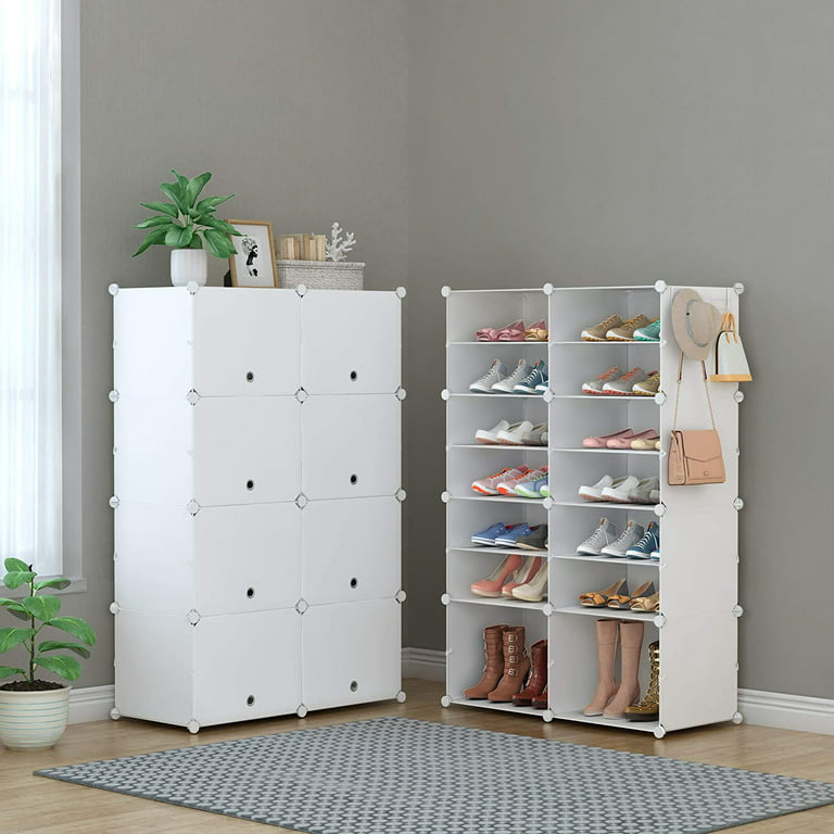 LANTEFUL Shoe Rack Organizer, 8 Tiers 32 Pair Portable Shoe Storage  Cabinet, Sturdy Plastic Shelf with Hooks, Door for Entryway, Bedroom and  Hallway