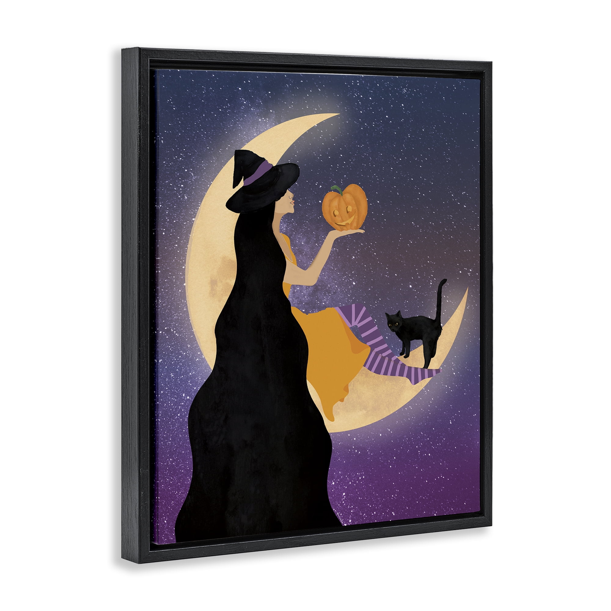 Stupell Industries Moonlit Witch Holding Jack-o-Lantern Black Framed Floater Canvas Wall Art, design by Daniela Santiago