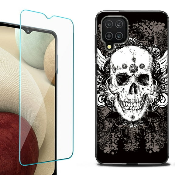 Slim-Fit Flexible TPU Gel Phone Case (black) for Samsung Galaxy A12, with Tempered Glass Screen Protector, by OneToughShield ® - Grunge Skull