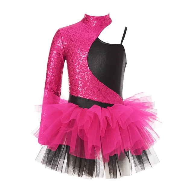 Jowowha Robe Justaucorps de Ballet à Sequins Manches Asymétriques pour Filles Jazz Latin Moderne Rose Vif 8