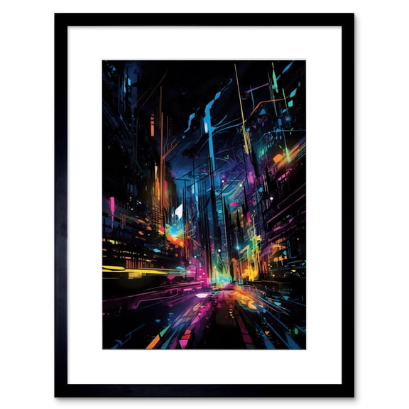 New York City at Night Modern Abstract Neon Contrast Painting Artwork Framed Wall Art Print 9X7 Inch