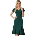 thumbnail image 1 of Vestido con cuello en V para mujer, elegante vestido de sirena con mangas abullonadas, vestido maxi Verde oscuro L, 1 of 6