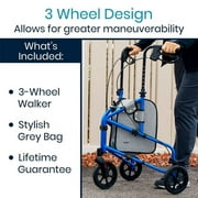 Vive 3 Wheel Walker Rollator for Senioirs - Lightweight Foldable Walking Transport, Weight Capacity 250lbs, Blue