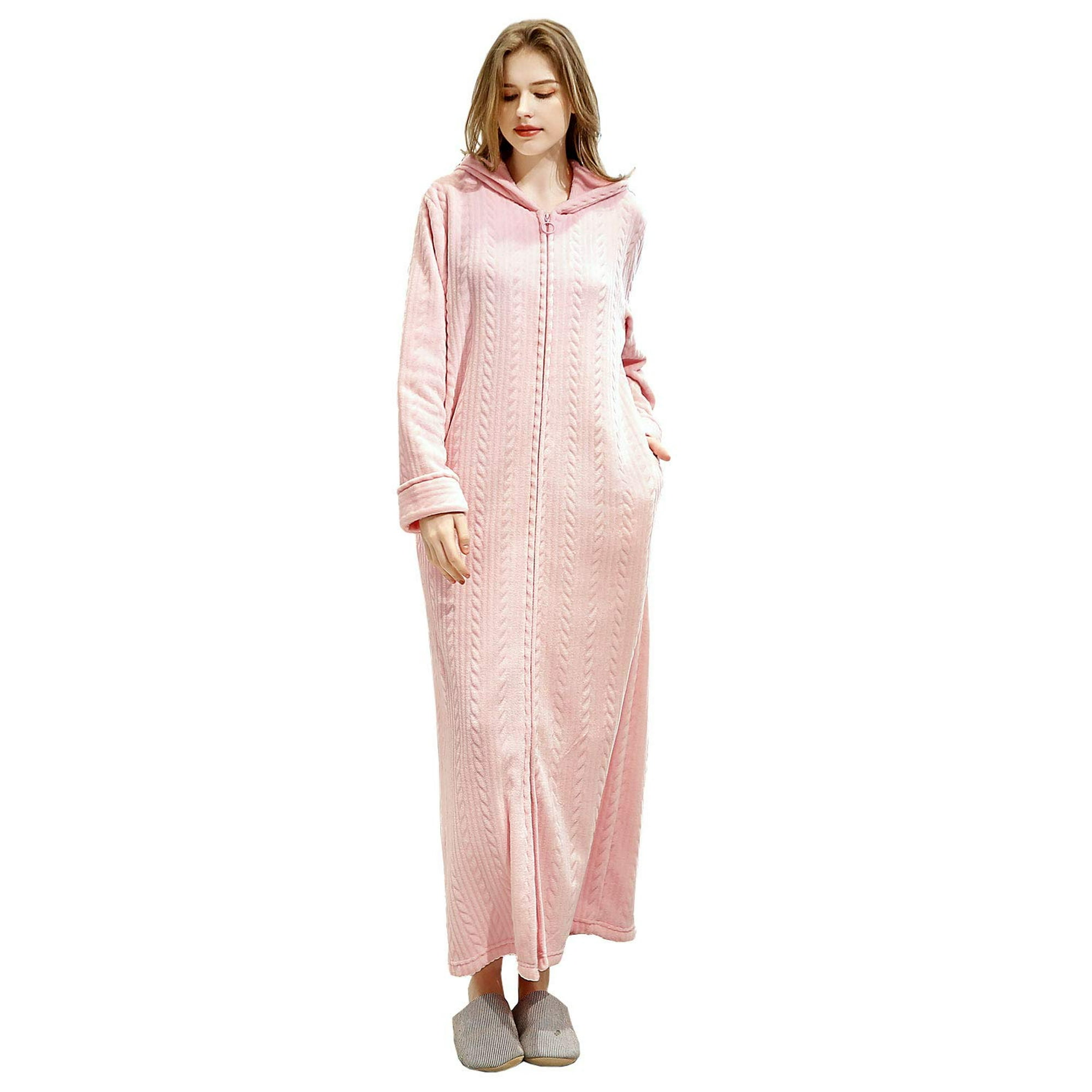 Peignoir De Bain Femme Polaire Unie, Chemise De Nuit Grande Taille à Manches Longues, Robe De Chambre Capuche Avec Poches, Chaud Et Confortable VêTements De Nuit Femme Automne Hiver