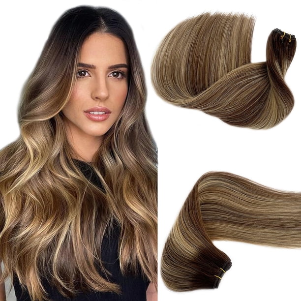 Coser en extensiones de cabello Cabello humano Extensiones de cabello de trama atadas a mano Cabello humano Coser en extensiones de cabello Trama doble Coser en tramas de cabello Ombre Balayage Marrón