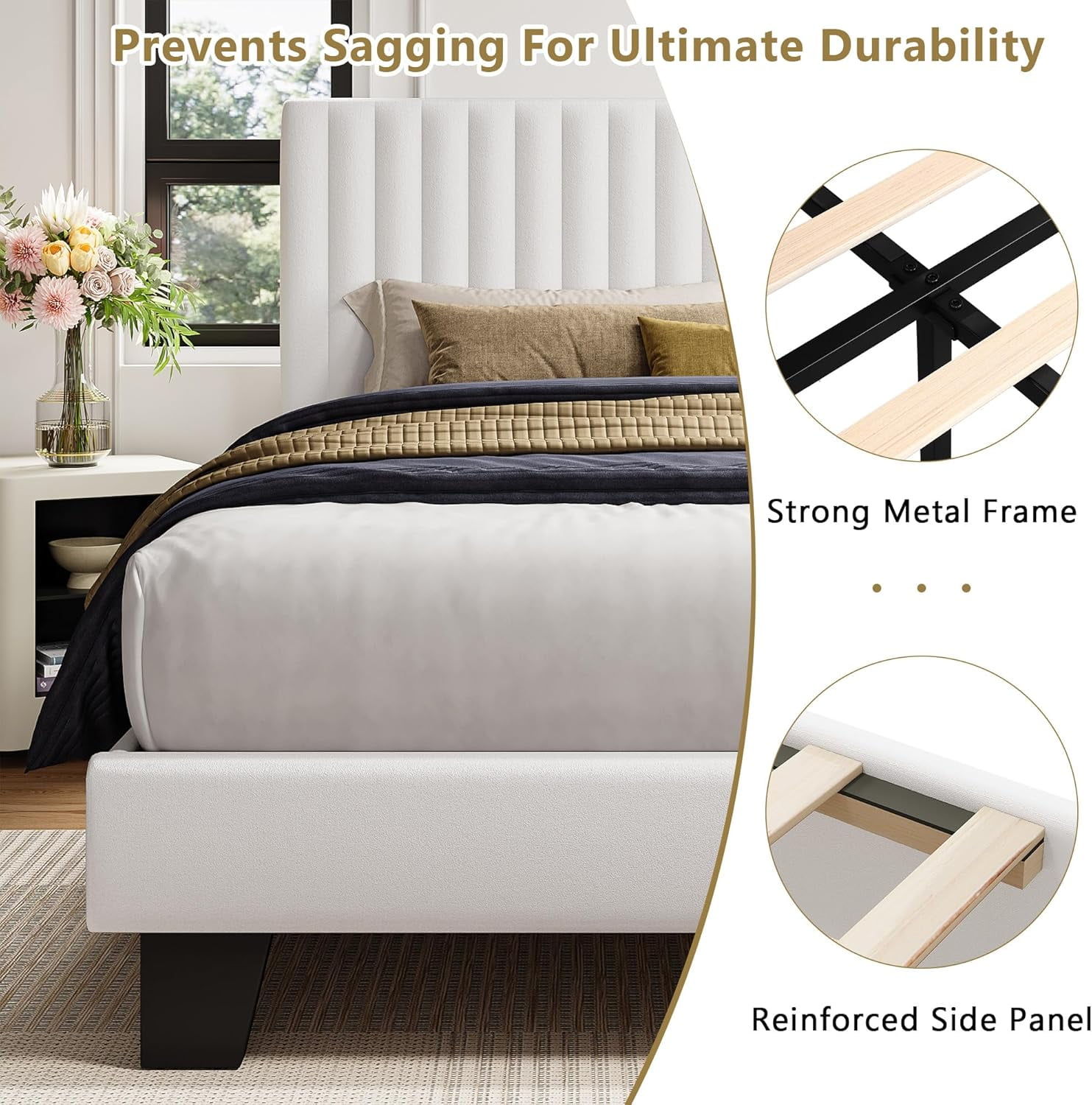 Honfach Full Size Bed Frame, Upholstered Platform Bed with Velvet Headboard, Wide Bed Legs and Strong Wood Slats Support, White