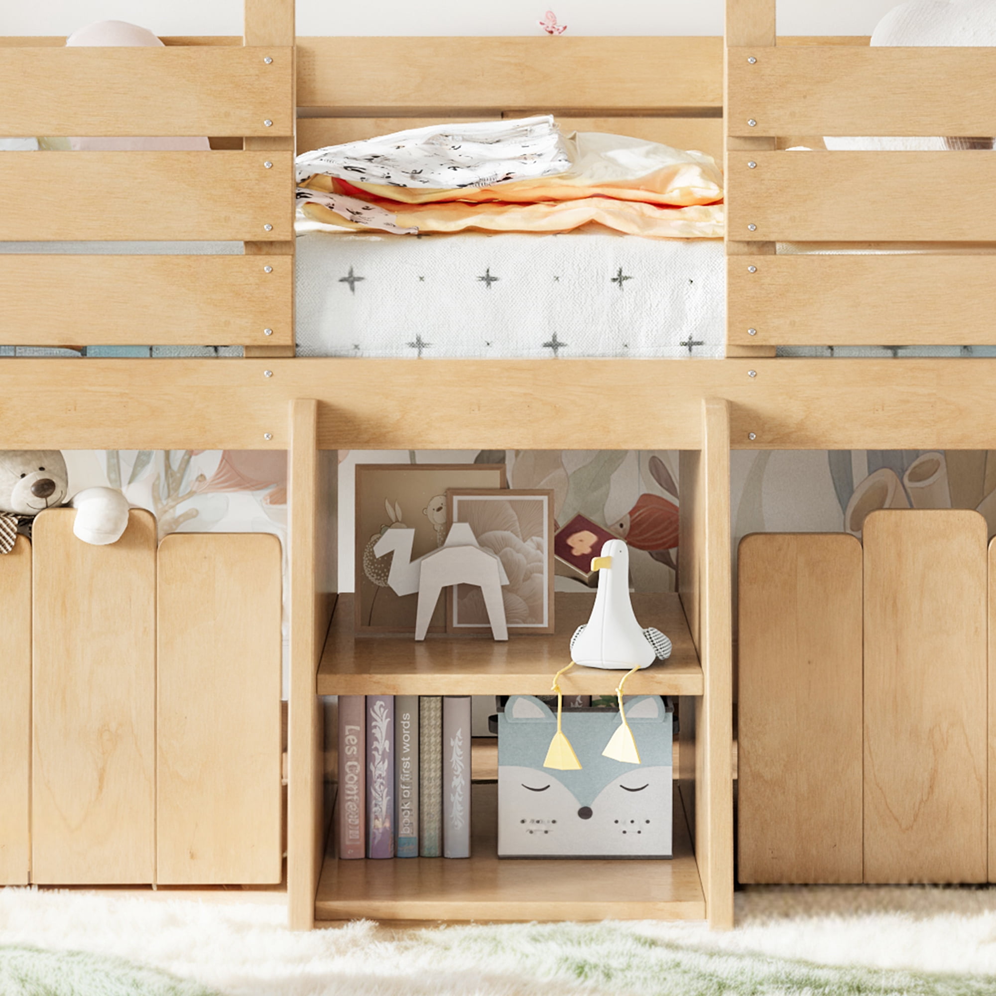 HOQBN House Loft Bed Twin Size,Low Loft Bed with Stairs and 2 Big Storage Drawers,Farmhouse Style Bed Frame with House Shaped Roof,Natural