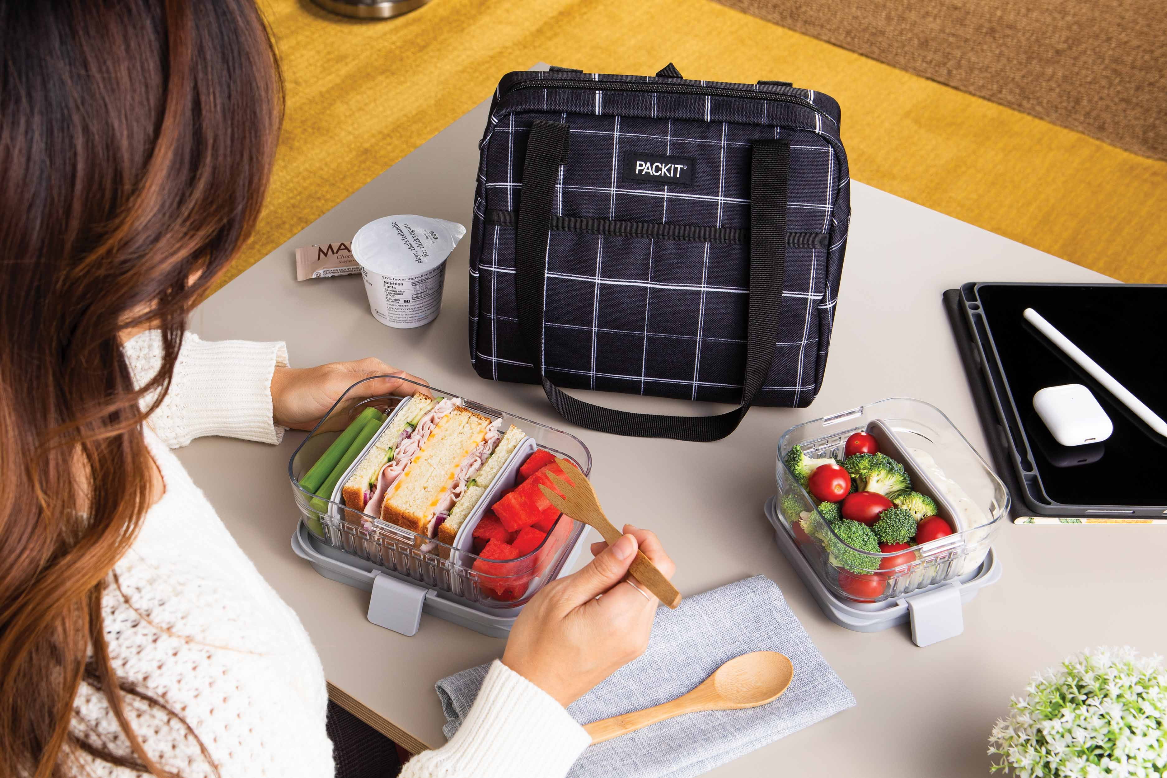 PackIt Freezable Hampton Lunch Bag, Black Grid, built with Shoulder Straps and Zipper Closure