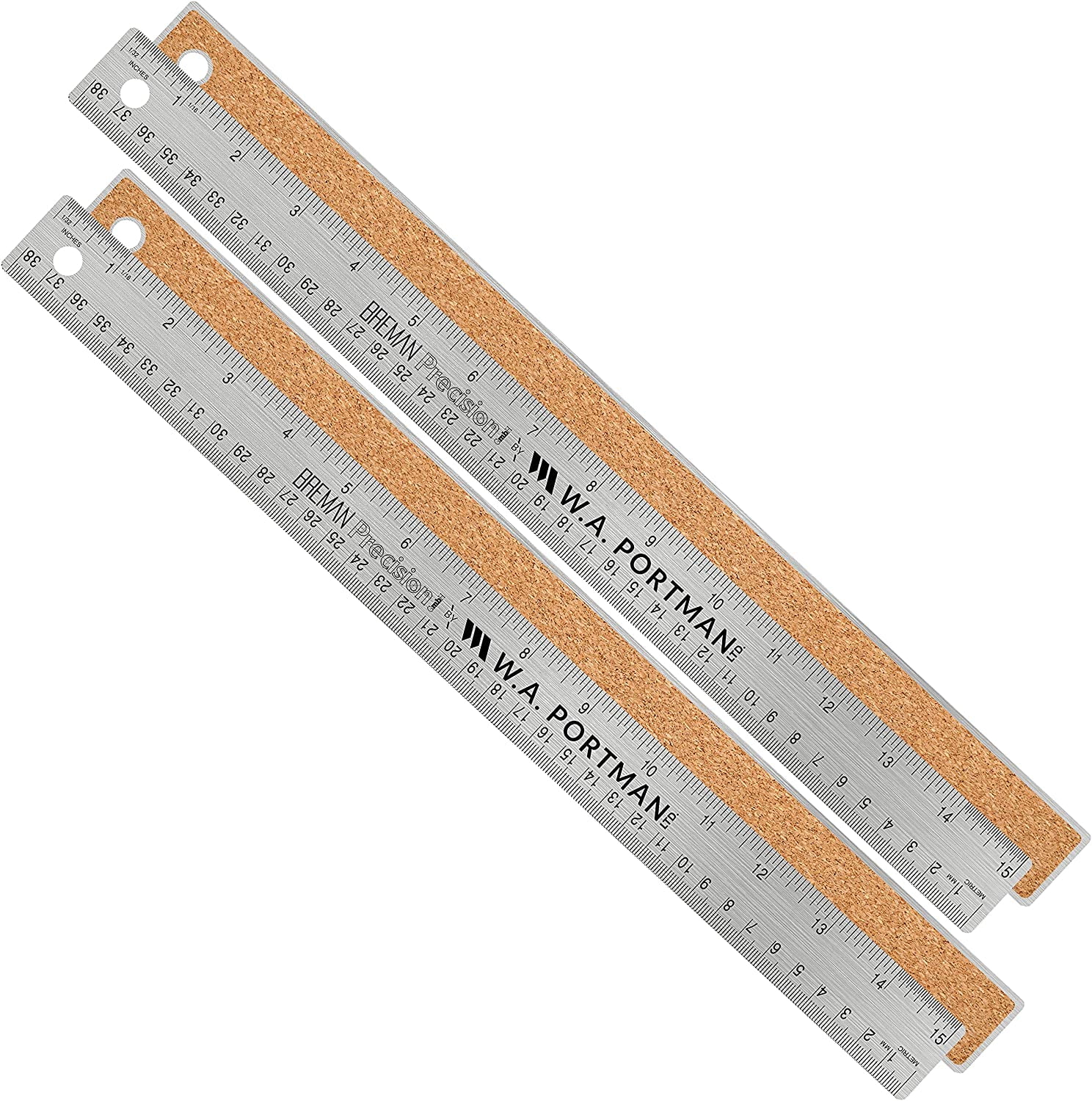 Breman Precision Stainless Steel Ruler, 15inch Cork Back Ruler 2Pack
