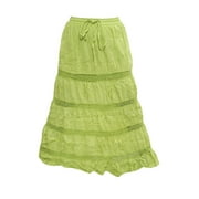 Mogul Women's Peasant Skirt Green Embroidered Elastic Waist Maxi Skirts