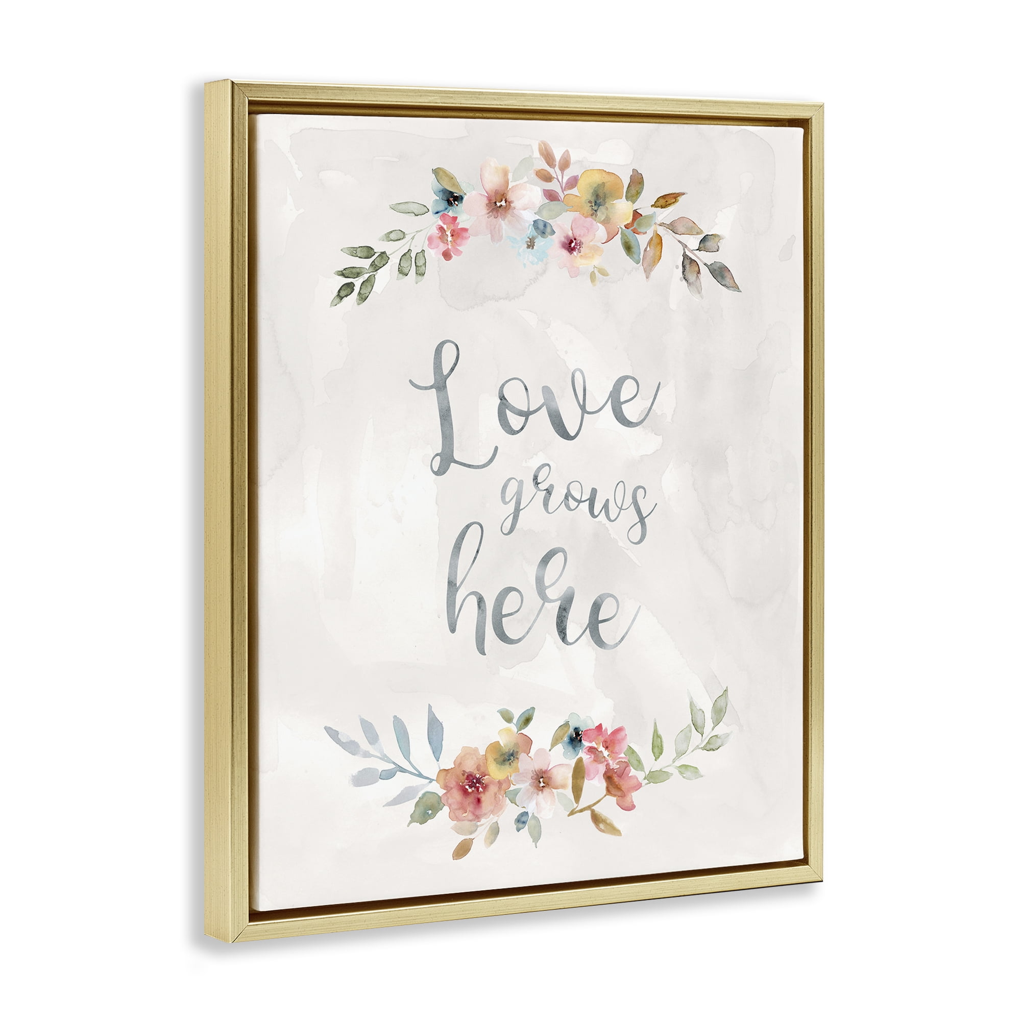 Stupell Industries Floral Love Grows Here Plants & Flowers Painting Gold Floater Framed Canvas Art Print Wall Art, 25 x 31