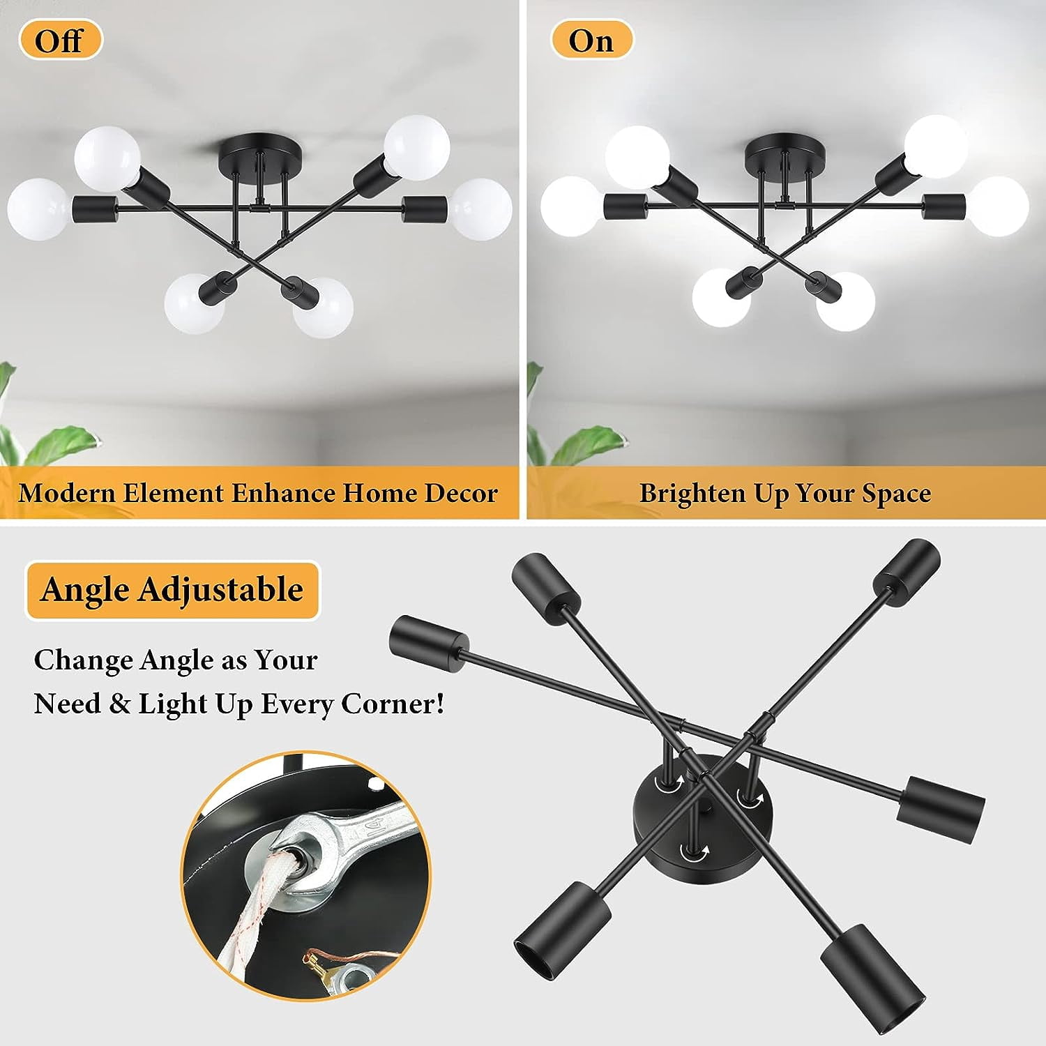 Neoglint Sputnik Chandelier, 6-Light Black Mid Century Flush Mount Ceiling Light Fixture with E26 Base for Dining Room Bedroom Foyer Hallway Living Room
