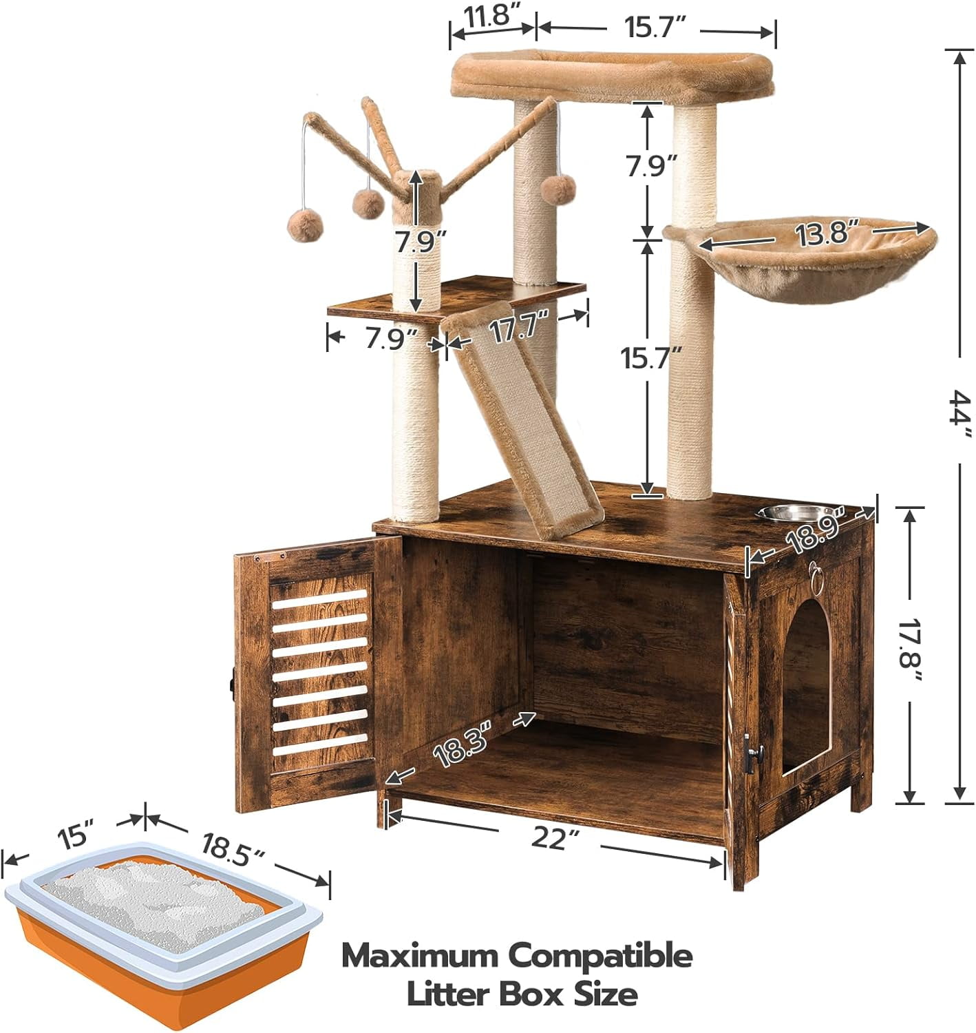 Cat Tree with Litter Box Enclosure, 44" Tall Wooden Cat Tower with Scratching Posts, Cat Hammock, Hidden Litter Box Furniture, All-in-One Indoor Cat Condo, Rustic Brown FG48MZ03