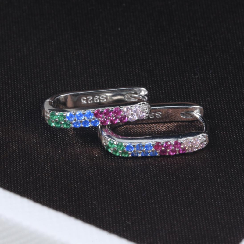 925 Sterling Silver Earrings for Women - Rectangle Rainbow Huggie Hoop Earrings Pavé Multicolor CZ, Hypoallergenic Dainty Jewelry for Daily Wear with RTT Jewelry Box