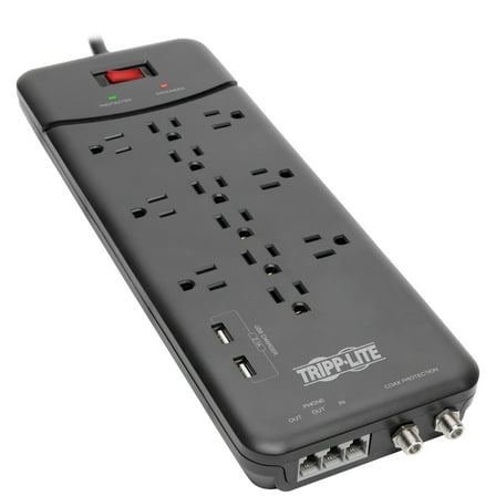 Tripp Lite Surge Protector Power Strip 12 Outlets, 2 USB Charging Ports Tel/Modem/Coax