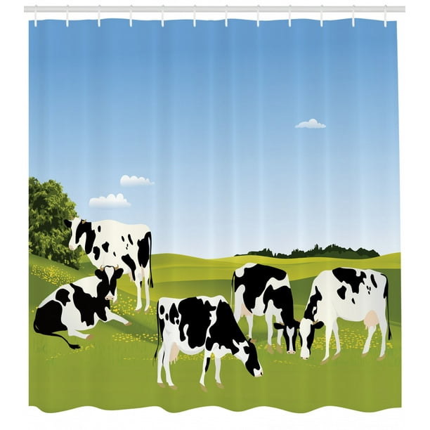 Cattle Shower Curtain Graphic Ilration Of Domestic Cows Eating Grass On Meadow In Sunny Day Theme Fabric Bathroom Set With Hooks 69w X 75l Inches Long Multicolor By Ambesonne Com - Cow Shower Curtain Set