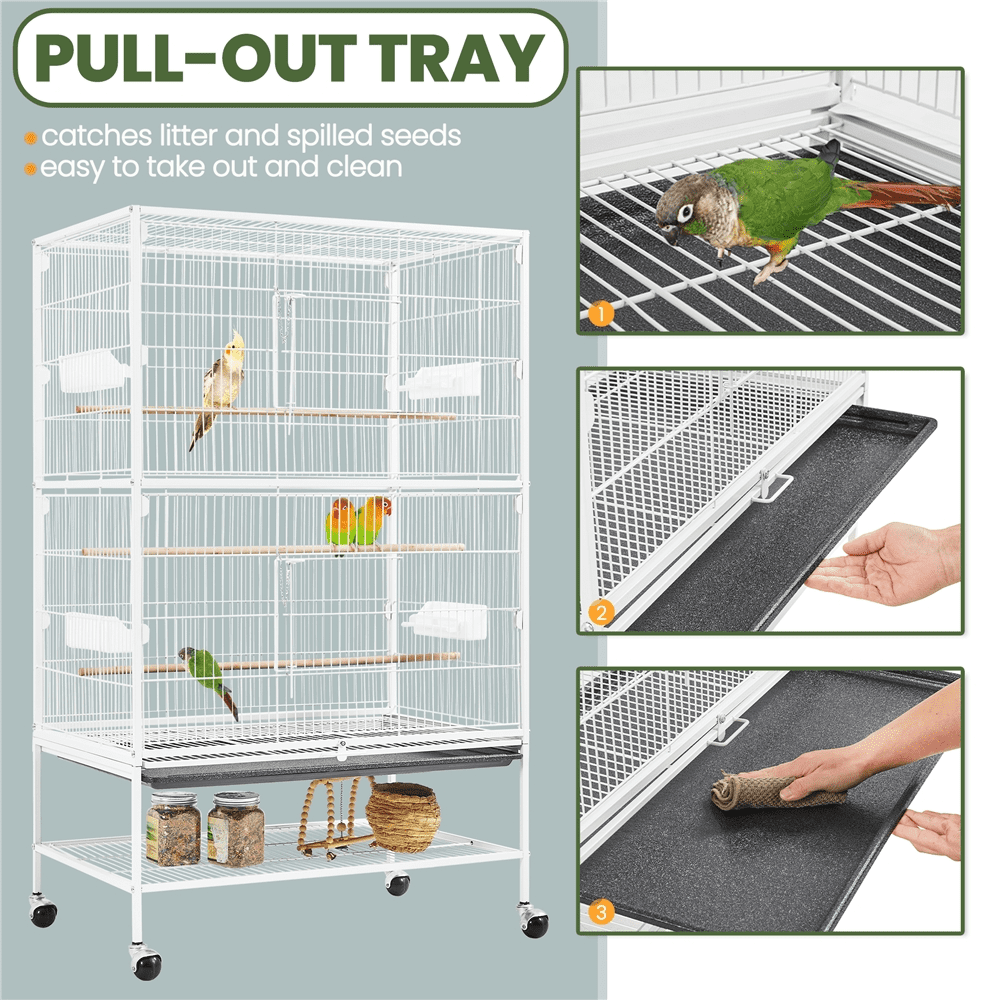 Alden Design 52″ H Rolling Metal Parrot Cage with 3 Perches & 4 Feeders & Extra Storage Shelf, White