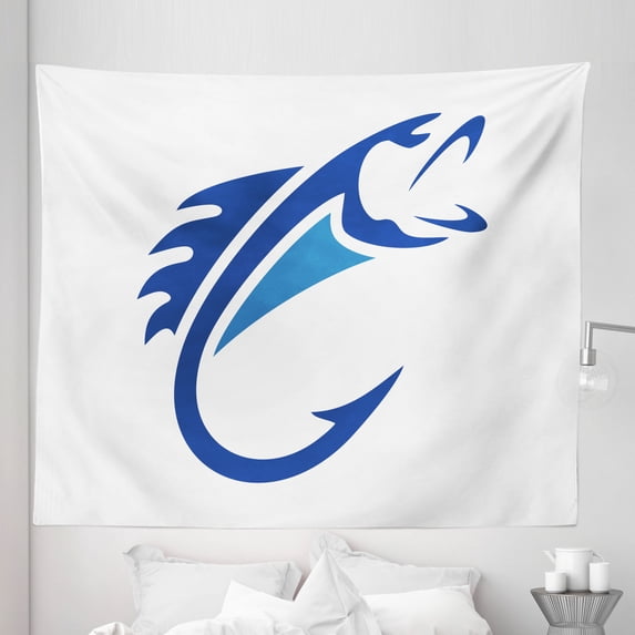 Bass Fish Tapestry, Animal Shaped Hook Angle Outdoor Activity Hunting Culinary Sea Food Art, Fabric Wall Hanging Decor for Bedroom Living Room Dorm, 5 Sizes, White and Night Blue, by Ambesonne