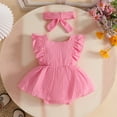 thumbnail image 4 of Baby Girls' Fly Sleeve Bodysuit Dress Pink Romper Dress Headband Toddler Summer Clothes Set 12-18 Months, 4 of 5