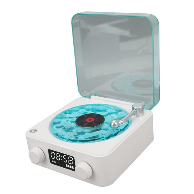 Retro Clock Speaker, Record Player BT Speaker Portable, Turntable Stereo Speaker with Soft Night Light, Cute Record Player with Time and Battery Display Screen