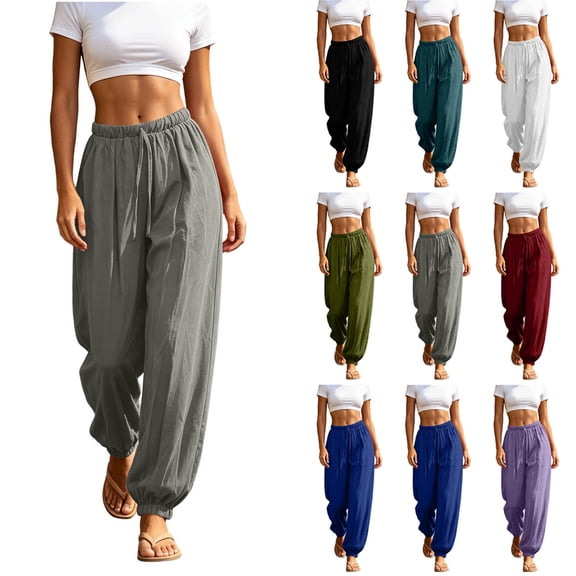 Zynoxe Womens Cotton Linen Pants Casual Pleated Elastic Waisted Drawstring Baggy Pants with Pockets Lounge Loose Fit Beach Vacation Pants Navy S