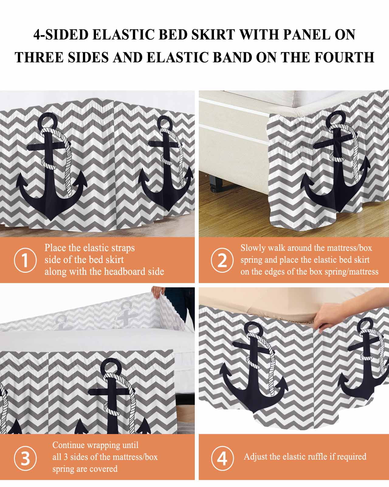 Grey Zigzag Wrap Around Bed Skirts for Queen Bed 16" Drop, Bed Skirt with Adjustable Elastic Belt Dust Ruffle Bed Valance for Bedroom Hotel Luxury Coastal Nautical Anchor Stripes Bed Frame Cover