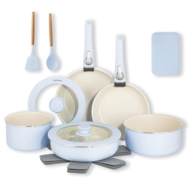 GOTHAM STEEL Juego de 18 ollas y sartenes con mango extraíble, antiadherentes, juegos de utensilios de cocina, juego de utensilios de cocina de cerámica, no tóxico, utensilios de cocina para acampar,