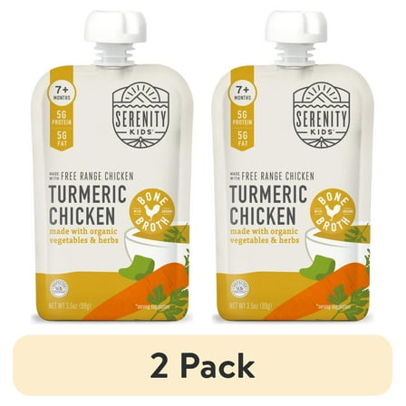 (2 pack) Serenity Kids Turmeric Chicken Stage 2 Baby Food Organic Veggies, Herbs & Bone Broth, 3.5oz Pouch